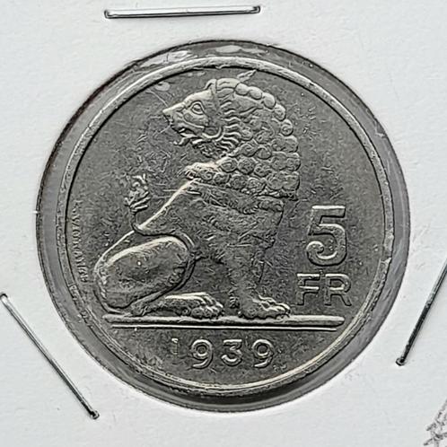 Belgique 5 francs 1939 VL/FR (587), Timbres & Monnaies, Monnaies | Belgique, Monnaie en vrac, Enlèvement ou Envoi