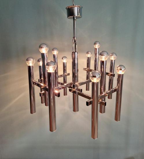 Grote kroonluchter van verchroomd metaal, Massive, 1970, Antiek en Kunst, Antiek | Verlichting, Ophalen