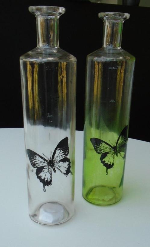 FLES GLAS MET VLINDER 2 stuks 29 x 7 cm NIEUW, Maison & Meubles, Accessoires pour la Maison | Vases, Neuf, Vert, Moins de 50 cm