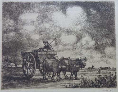 JAKOB SMITS / MAN MET OSSENSPAN / ZW-W ETS / 29x40cm / SIG, Antiek en Kunst, Kunst | Litho's en Zeefdrukken, Ophalen of Verzenden