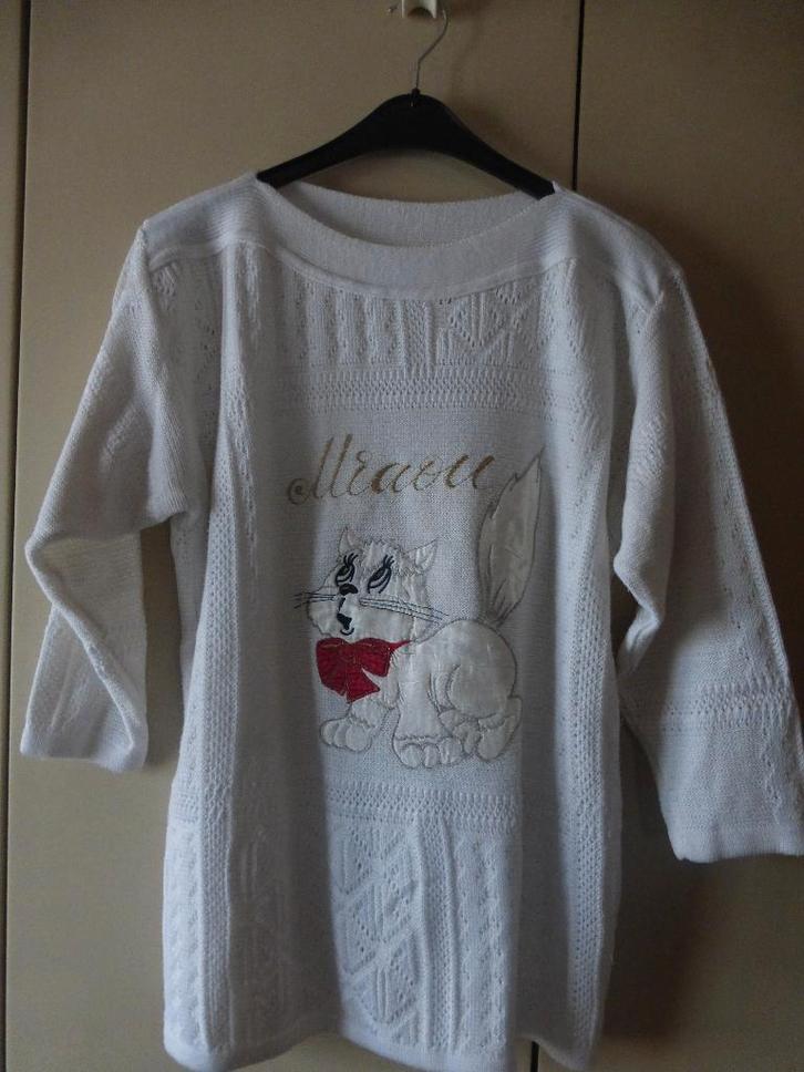 Pull blanc " MIAOU" ,longues manches T: M/L, Vêtements | Femmes, Pulls & Gilets, Comme neuf, Taille 42/44 (L), Blanc, Enlèvement ou Envoi