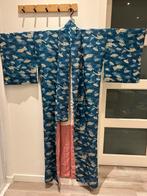 Vintage Japanse zijden kimono - blauw waaierpatroon, Autre, Ophalen of Verzenden, Gedragen