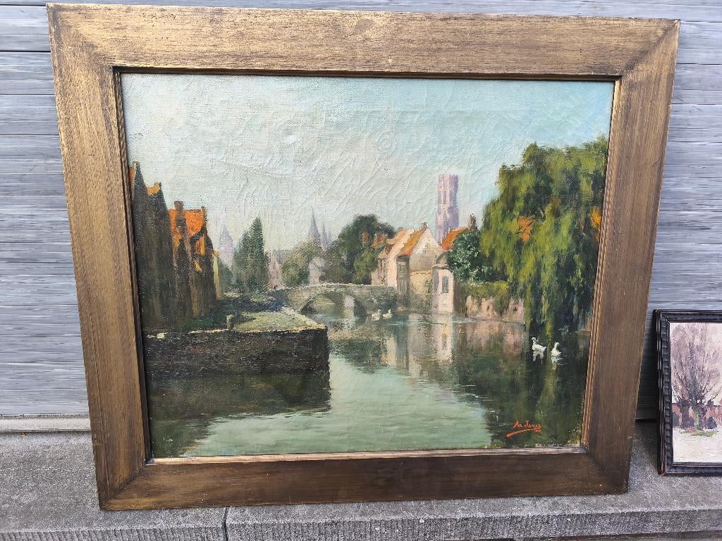Huile sur ptoile bruges signe Armand jamar, Antiquités & Art, Enlèvement ou Envoi