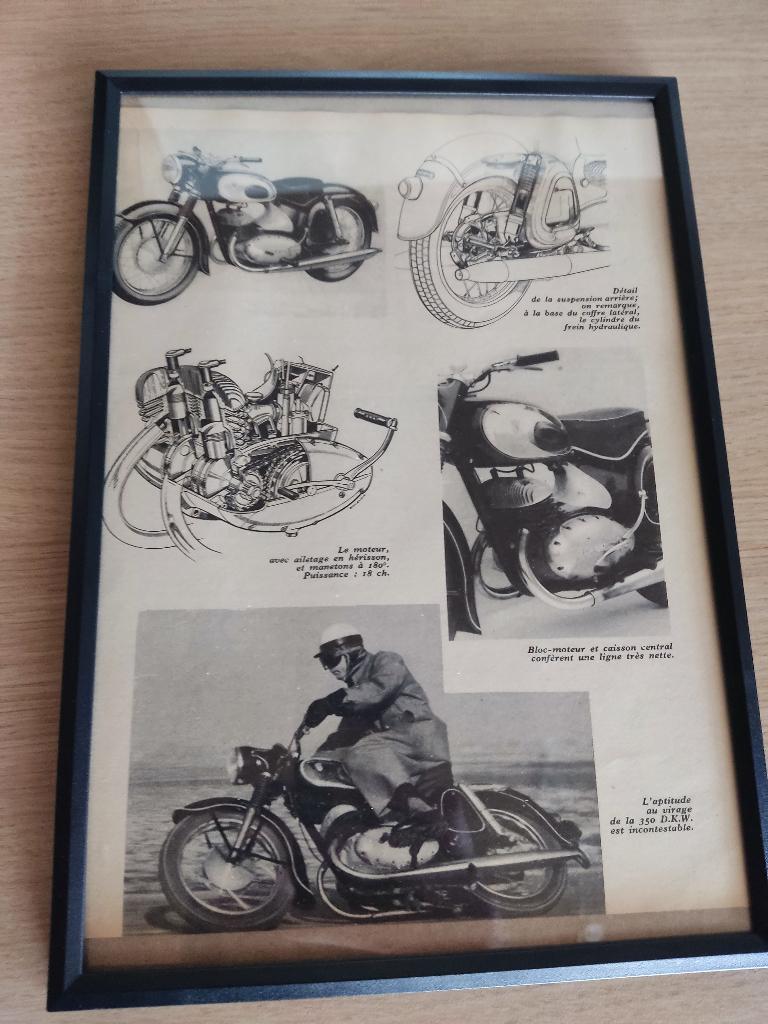 Ingelijste originele reclame voor de moto DKW RT 350 - 1953, A4 of kleiner, Ophalen of Verzenden, Reclame, Rechthoekig Staand