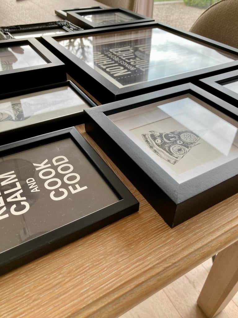 Set 9 fotokaders met keukenspreuken, Ophalen, Zo goed als nieuw