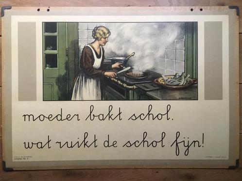 Oude Schoolplaat “ Moeder bakt schol “, Antiek en Kunst, Antiek | Schoolplaten, Geschiedenis, Ophalen of Verzenden
