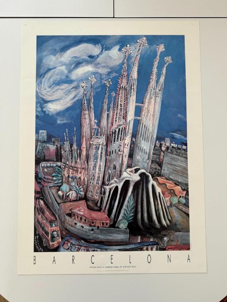 Kleurrijke poster van La Sagrada Familia door Anthony Pilley, Verzamelen, Posters, Zo goed als nieuw, Met lijst, Ophalen of Verzenden