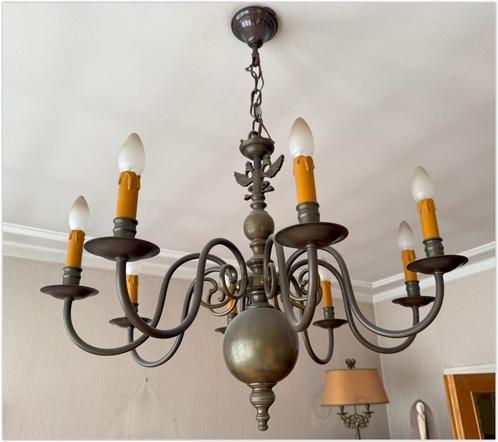 stijlvolle bronzen luster met 2 bijhorende muurlampjes, Antiek en Kunst, Antiek | Verlichting, Ophalen