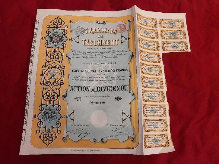 Antiek aandeel Tramways de Taschkent – Brussel, 1897, Postzegels en Munten, Aandelen en Waardepapieren, Aandeel, Voor 1920, Ophalen of Verzenden