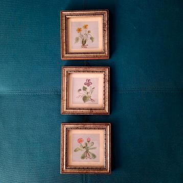 3 peintures miniatures sur soie avec passe-partout