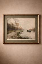 H van der Hoek Nederlands rivierlandschap, Antiek en Kunst, Kunst | Tekeningen en Fotografie, Ophalen