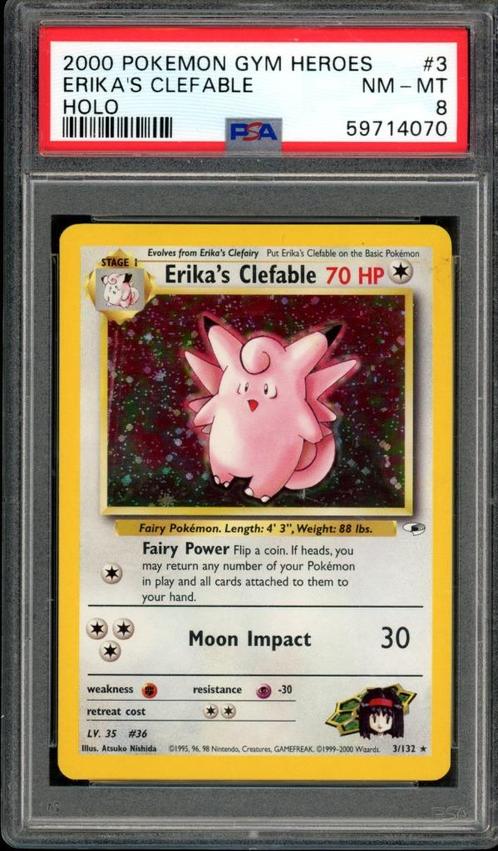 Erika's Clefable Holo PSA 8 - 3/132 - Gym Heroes 2000, Hobby en Vrije tijd, Verzamelkaartspellen | Pokémon, Zo goed als nieuw