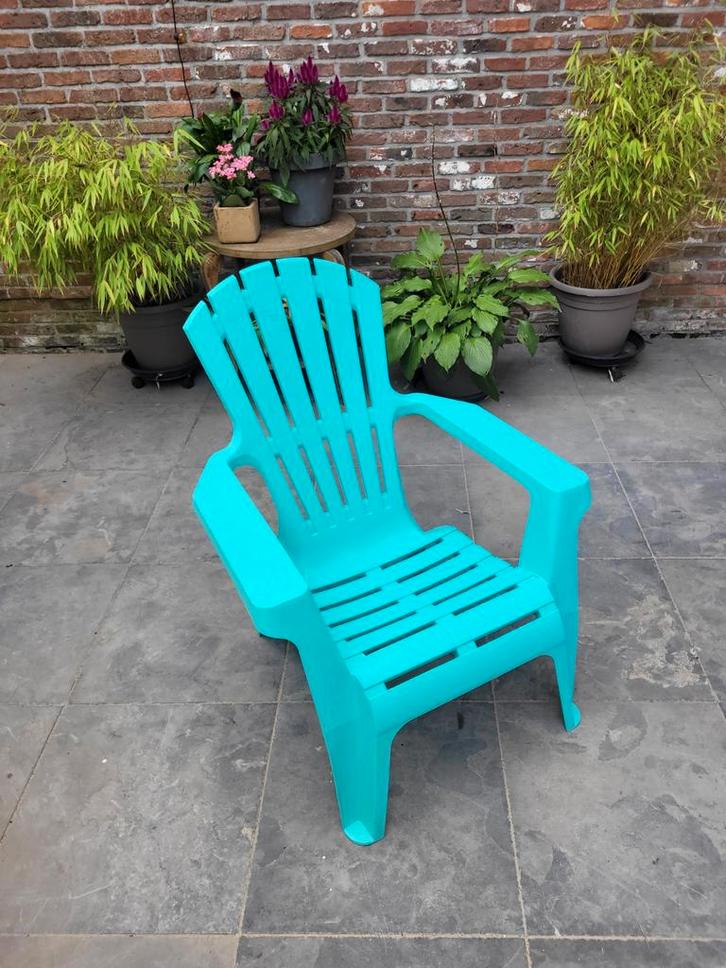 turquoise plastic tuinstoelen 4 st Adirondack-stijl, Tuin en Terras, Tuinstoelen, Zo goed als nieuw, Kunststof, Stapelbaar, Ophalen