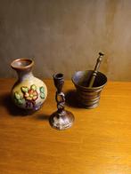Koperen vijzel , vaasje en koperen kandelaar, Antiek en Kunst, Curiosa en Brocante, Ophalen