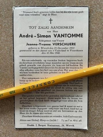 Oorlogsslachtoffer MEI 1940 Soldaat Andre Vantomme  Wervik beschikbaar voor biedingen