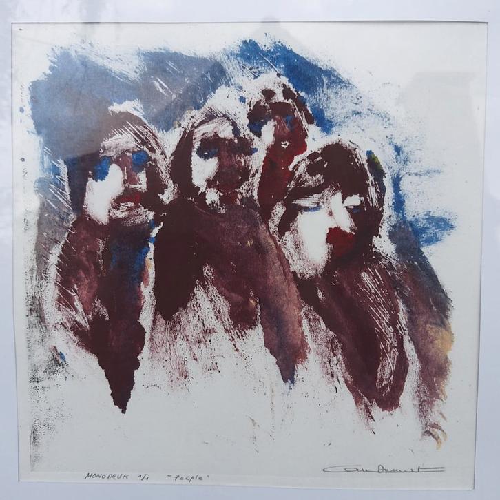 "People"  Gesigneerde monodruk. ingelijst 55 x 45 cm., Antiek en Kunst, Kunst | Litho's en Zeefdrukken, Ophalen of Verzenden