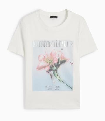 Te koop: Witte t-shirt met bloem print, L. beschikbaar voor biedingen