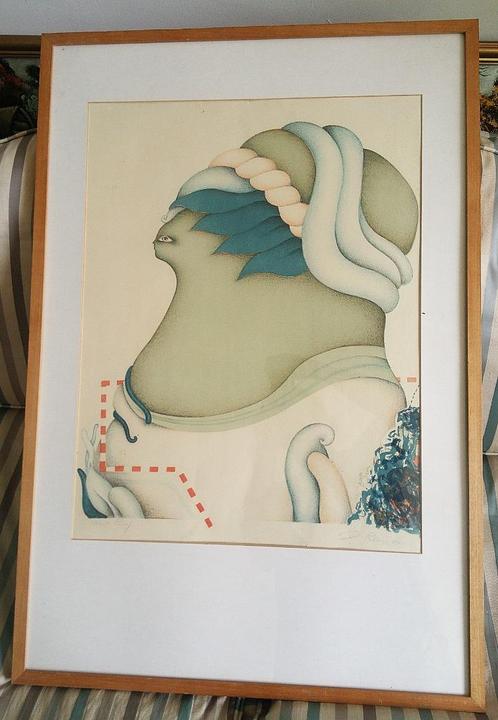 Surrealisme - kleurenlitho portret vrouw - P. René en '74, Antiek en Kunst, Kunst | Litho's en Zeefdrukken, Ophalen of Verzenden