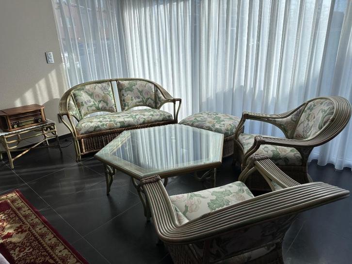salon rotan/stof, Huis en Inrichting, Zetels | Complete zithoeken, Gebruikt, Riet of Rotan, Stof, Ophalen