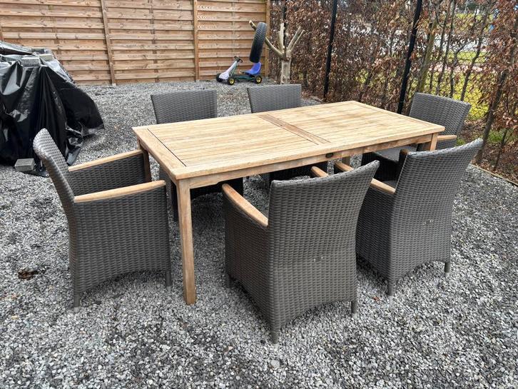 Prachtige teak tuinset met 6 luxe wicker stoelen, Tuin en Terras, Tuinsets en Loungesets, Zo goed als nieuw, Tuinset, Teakhout