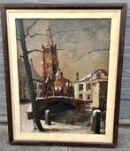 Huile sur toile église sous la neige signe Isidore saeys, Antiquités & Art, Enlèvement ou Envoi