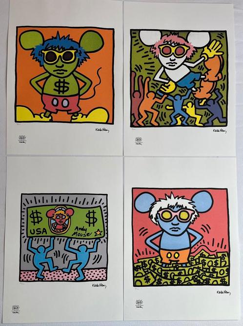 Unieke set (4 Litho+certificaten) Keith Haring “Andy Mouse, Antiek en Kunst, Kunst | Litho's en Zeefdrukken, Ophalen of Verzenden