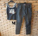 (6)- jeans femme t.38 gris - onado + top noir, Gris, Comme neuf, W30 - W32 (confection 38/40), Onado