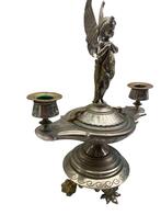 Zilveren bronzen kandelaar - Cupido- en slangendecor, Antiek en Kunst, Ophalen of Verzenden, Koper of Brons