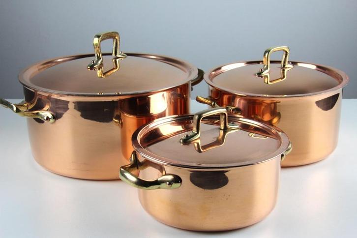 Drie Koperen Kookpotten - Made in Portugal, Huis en Inrichting, Keuken | Potten en Pannen, Gebruikt, Kookpan of Snelkookpan, Overige materialen