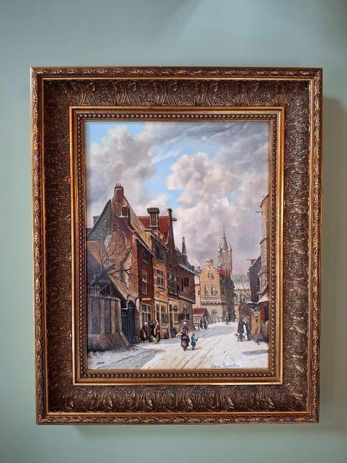 Schilderij Winters stadszicht - Rene Swenters, Antiek en Kunst, Kunst | Schilderijen | Klassiek, Ophalen