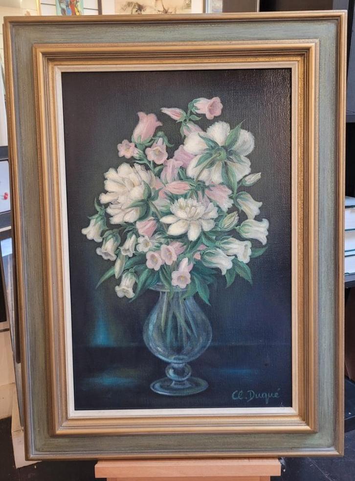 Claudine DUQUÉ, bloemen, Antiek en Kunst, Kunst | Schilderijen | Klassiek, Ophalen of Verzenden