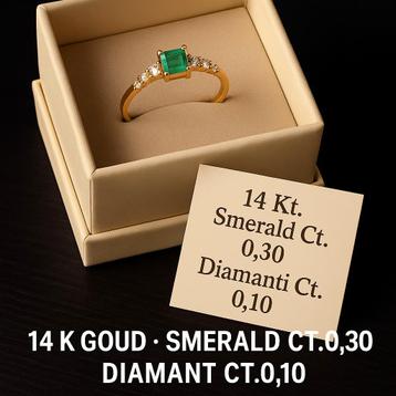 14K Gouden Ring – Smaragd 0,30 ct & Diamant 0,10 ct – Nieuw  beschikbaar voor biedingen
