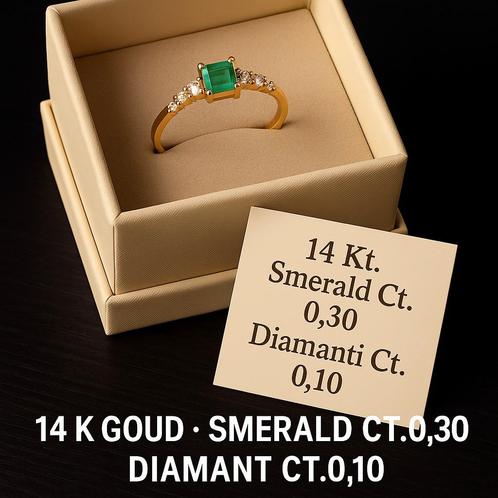 14K Gouden Ring – Smaragd 0,30 ct & Diamant 0,10 ct – Nieuw, Handtassen en Accessoires, Ringen, Ophalen of Verzenden
