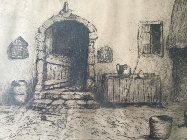 Jules Brouwers (1869-1955) ets inkom van het erf, Antiek en Kunst, Kunst | Etsen en Gravures, Ophalen