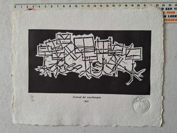 Houtsnede André Colpin "Festival der voorkempen" 1991 beschikbaar voor biedingen