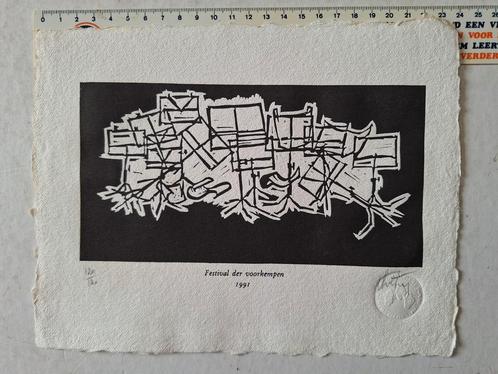 Houtsnede André Colpin "Festival der voorkempen" 1991, Antiek en Kunst, Kunst | Etsen en Gravures, Ophalen of Verzenden
