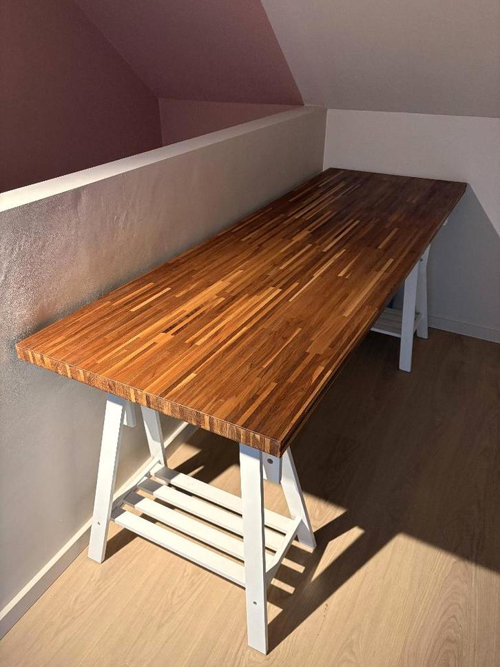 Bureau - IKEA blad met schragen, Huis en Inrichting, Bureaus, Gebruikt, Bureau, In hoogte verstelbaar, Ophalen