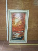 Kleurrijk schilderij zonsondergang met bootgedeelte, Antiek en Kunst, Ophalen of Verzenden