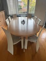 Uittrekbare eiken eettafel met 8 stoelen – stevige kwaliteit, Ophalen, Zo goed als nieuw, Scandinavisch / modern klassiek, 6 tot 8 stoelen