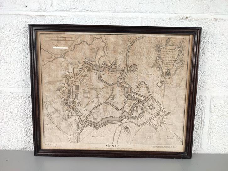 Antieke kaart van menen, ca 1745, Boeken, Atlassen en Landkaarten, Zo goed als nieuw, Ophalen of Verzenden