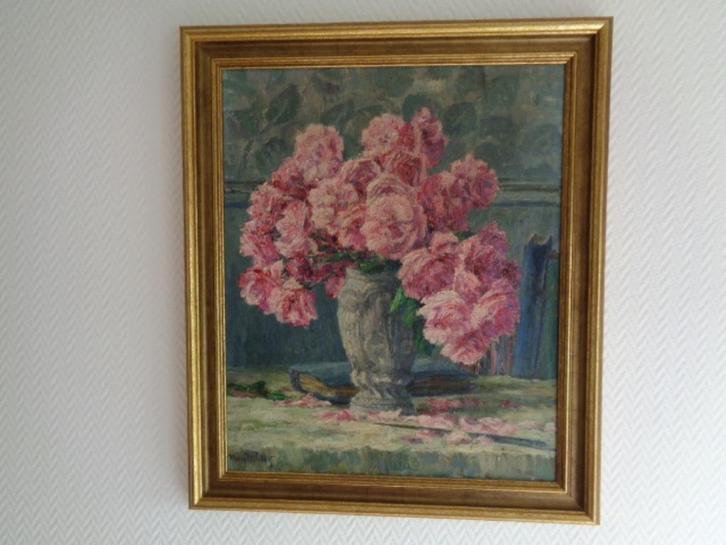 Tableau: Vase et fleurs. Signé: "Marie MOLITOR" Vintage, Antiek en Kunst, Antiek | Vazen, Ophalen
