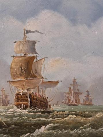 Oud olie schilderij op paneel zeil schepen beschikbaar voor biedingen