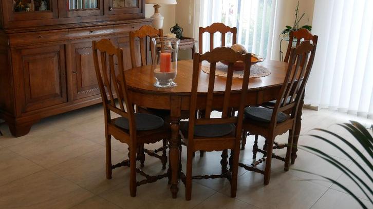 table avec 2 allonges et 6 chaises en chêne, Maison & Meubles, Tables | Tables à manger, Comme neuf, 100 à 150 cm, 150 à 200 cm