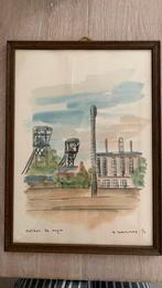 Originele aquarel, koolmijn Zolder, gesigneerd E GOEMINNE, Ophalen of Verzenden