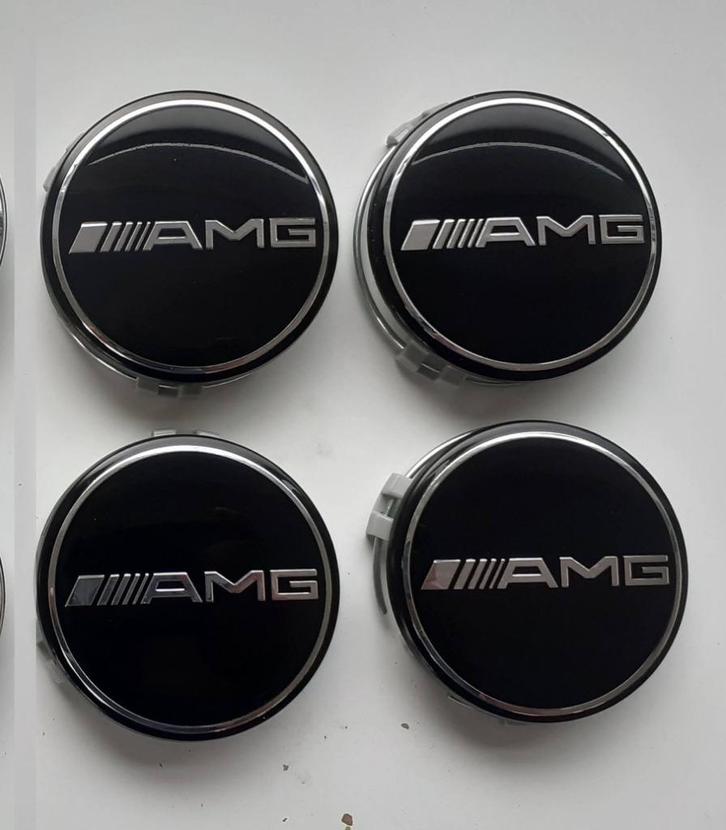 Set van 4 zwarte AMG-naafafdekkingen — 75 mm voor wielcentru, Auto diversen, Overige Auto diversen, Ophalen of Verzenden