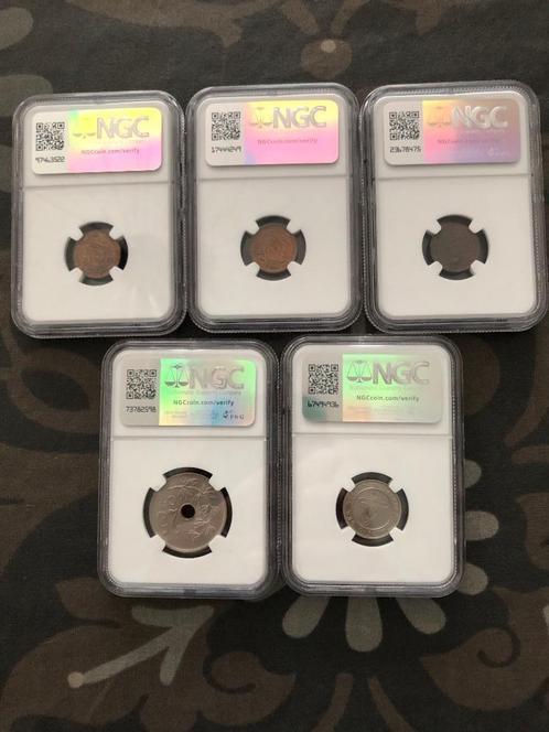Munten België graded NGC diverse types totaal 5 stuks, Postzegels en Munten, Munten | België, Losse munt, Overig, Ophalen of Verzenden