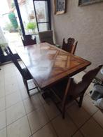 Uitschuifbare eettafel, tafelblad in parketwerk & 4 stoelen, Ophalen, Gebruikt