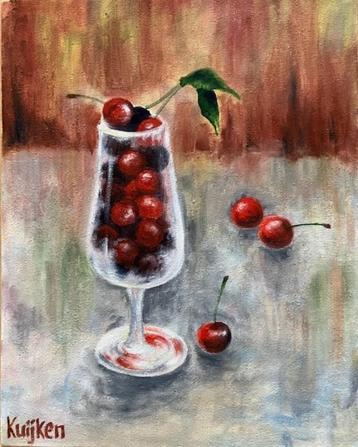"A Glass of Cherries" (oil painting by Kuijken, 24x30 cm) beschikbaar voor biedingen