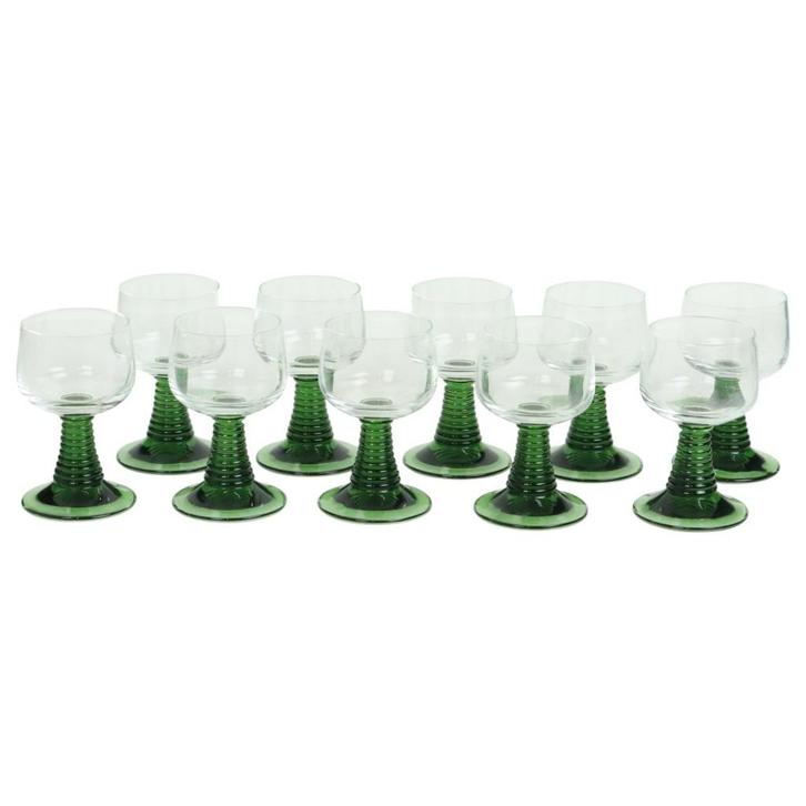Set Van 10 Vintage Roemer Wijnglazen Groene Geribbelde Voet, Verzamelen, Glas en Drinkglazen, Zo goed als nieuw, Overige typen