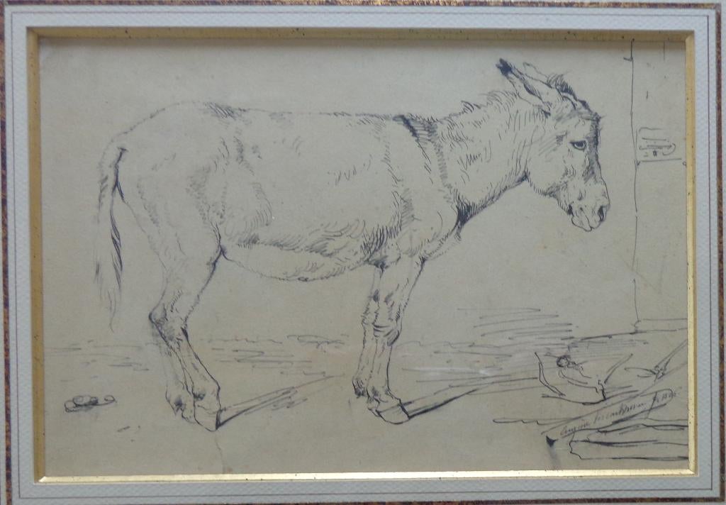 EUGENE VERBOECKHOVEN / EZEL / ORIGINEEL WERK / 37x46cm KADER, Ophalen of Verzenden